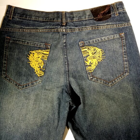 ED HARDY Jeans  sz 42  Gold Pocket Stitch  Button-Fly  Straight-Leg  Bootcut VGC - Picture 2 of 12